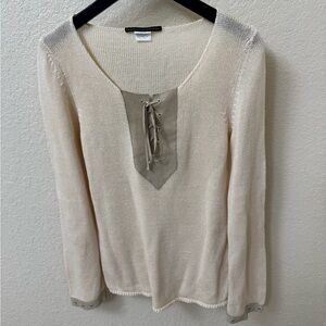 Lorena Antoniazzi Sweater Cream Long Sleeve Knit Top with Leather Trim Italy